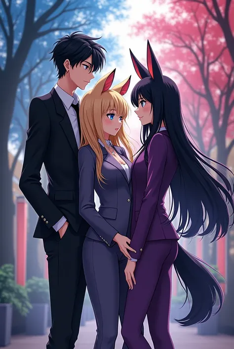  Anime Style,long black hair, ember eyes,in a purple suit,1male,1female,black dress, long blonde hair, blue eye, choker,1boy,black short hair,in black suit ,blue eyes,anime,kitsunes ears,kitsunes 