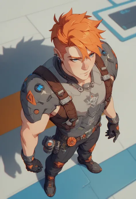 A future warrior comes to earth, Full body, High angle shot, Painterly, orange hair, Futurism Style, GlitchCore, Dark Fantasy, Akira Toriyama, 16K, Film Grain, Dark blue and mahogany color tones
