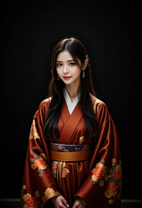 A photorealistic portrait of a young East Asian woman wearing a traditional koso1 and uchikake. The setting features dramatic lighting, with strong contrasts of light and shadow, similar to a spotlight effect. The womans figure is partially illuminated, ca...