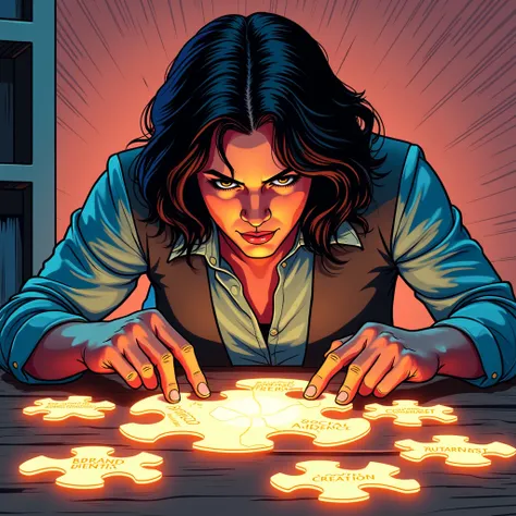 Comic book art style Marketer assembling glowing puzzle pieces labeled “Marketing Strategy”