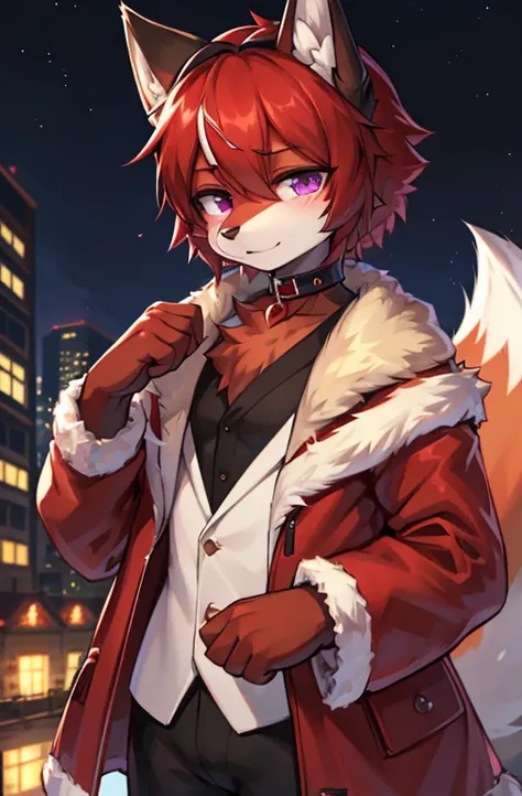 (Artist by zackary911, 8k, high quality, detailed eyes and fur, night, resident background), solo, male fox, anthro, saturated red fur, red body, male body, purple eyes, black ears, red hair, short hair, hair covering eyes, white hands, choker, black eyeli...