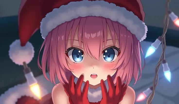  masterpiece ,  best quality, sky blue eyes, 1 girl, only, thin, Blush, Body of a young man , no errors in the images ,  An anime girl with a perverted face , Christmas hat , pink hair, With high quality, (short hair), in the square, orgasm,  small breasts...