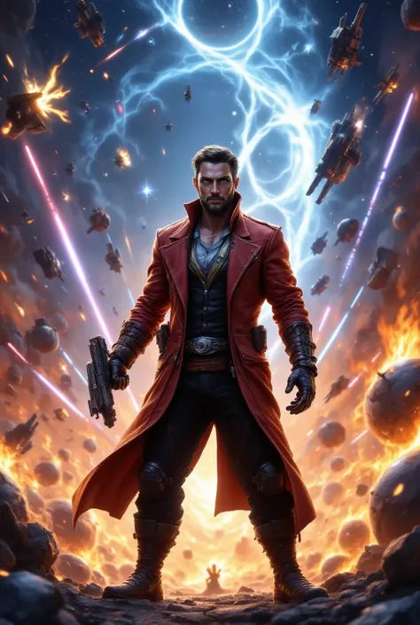 Star-Lord, comic book character,  (smiling expression:1.3),  (sparkling eyes:1.2),  red and gold leather jacket,  (detailed textures:1.1),  holding blaster,  center frame,  facing directly at viewer,  space-themed background,  numerous spaceships,  planets...