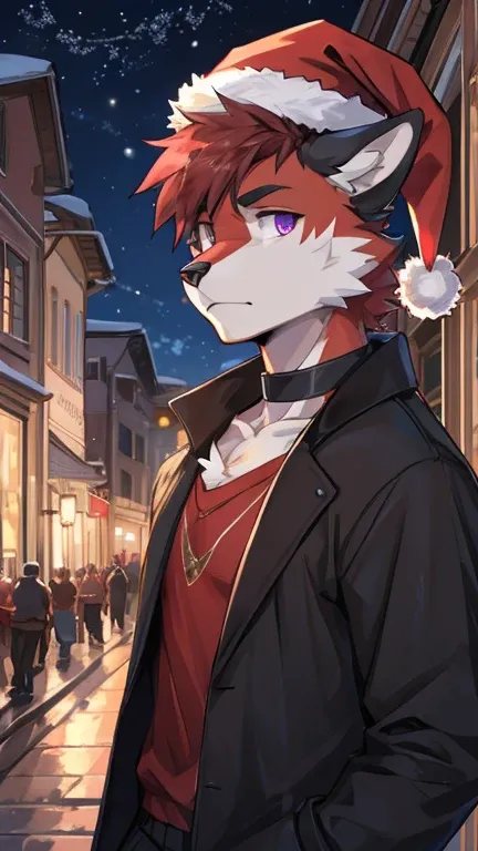 (Artist by zackary911, 8k, high quality, detailed eyes and fur, night, residents background), solo, male fox, anthro, red satured fur, red body, male body, purple eyes, black ears, red hair, short hair, hair cover eye, hands white, choker, eyeliner black, ...