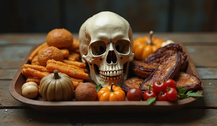 a thanksgiving food tray in which a real skeleton head is placed in horror way between food on a table