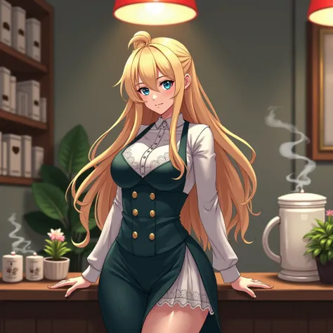 Physically fit adult woman with long blond hair and big breasts wearing a long-sleeved uniform from a Japanese coffee shop anime version