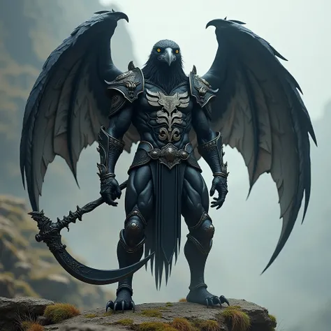 "A half-human, half-animal hybrid, with the head of a wise raven, a chiseled human torso clad in imposing black skull-patterned armor, and a lions lower body with sharp claws. It stands on four legs, armed with a long scythe, and its bat-like wings flutter...