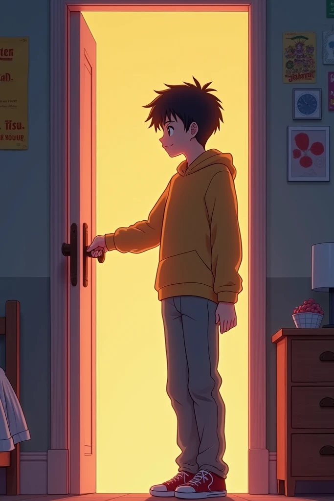 Teenager standing at his closed bedroom door, reaching for the doorknob. Anime