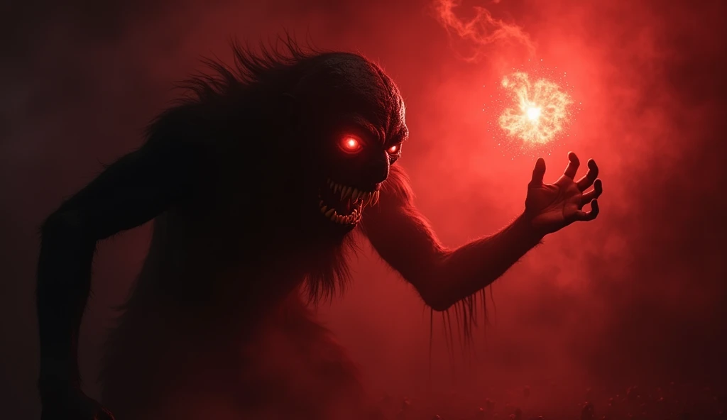  A dark setting with shades of red and black ,  showing an intimidating and abstract monster , with a threatening appearance, symbolizing the " unforgivable sin ".  The monster is partially hidden in the shadows ,  with glowing eyes and an expression of fu...