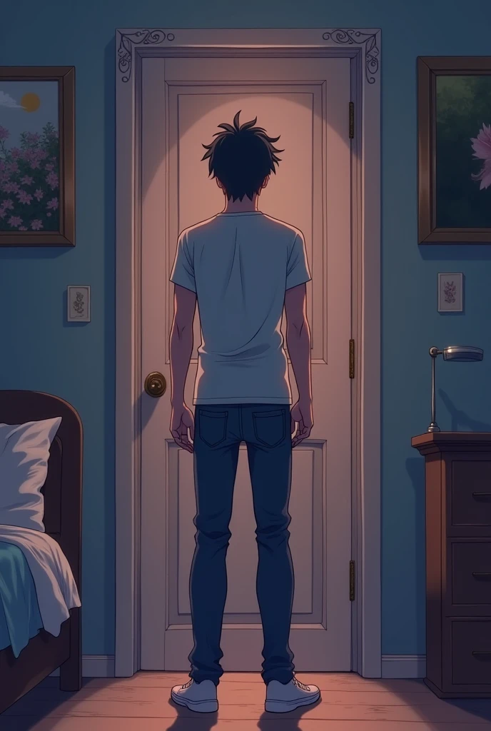 man with his back turned and standing at his closed bedroom door, holding the handle. Anime