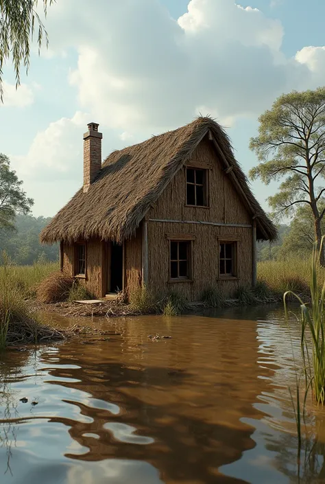 Create a photo of a destroyed house made of straw, flooded, photorealistic, highly detailed 