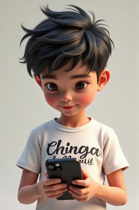 Create a real picture of a boy holding Iphone 13 pro max and wearing a t shirt written Chinga de Manual script