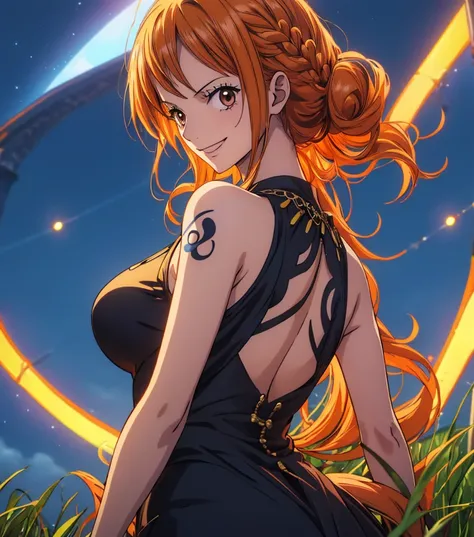 (masterpiece, top quality, 4K, 8k,   high definition  , 最高masterpiece:1.2),  super detailed, ( realistic , photo realistic , photo- realistic :1.37),   Maintaining Anime Style  ,  Nami in One Piece,(( 1 girl )), pale orange hair hidden in thick grass ,Beau...