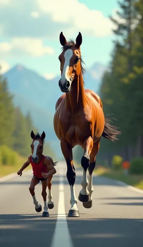 Create a digital artwork featuring a large horse and its foal running on a road. Both animals have human-like characteristics, with humanoid bodies but horse faces and features. The larger horse is wearing sports attire, such as shorts and running shoes, w...