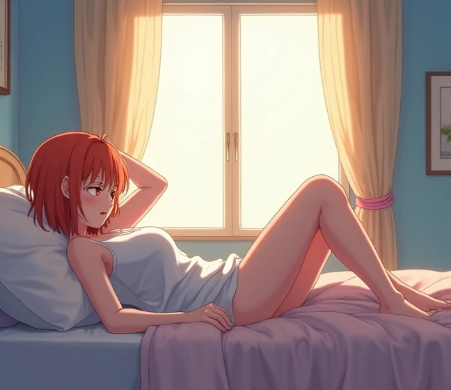  A 17-year-old anime lady , To Love Ru,  low lighting , reclining on her bed in her room in a light blue house with the windows closed with the beige curtains, she is just waking up ,  the curtains are shining from the glare of the sun in the day , she mea...