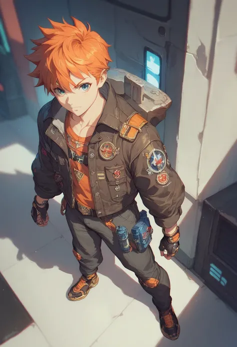 A future warrior comes to earth, Full body, High angle shot, Painterly, orange hair, Futurism Style, GlitchCore, Dark Fantasy, Akihiko Yoshida, 16K, Film Grain, Dark blue and mahogany color tones

