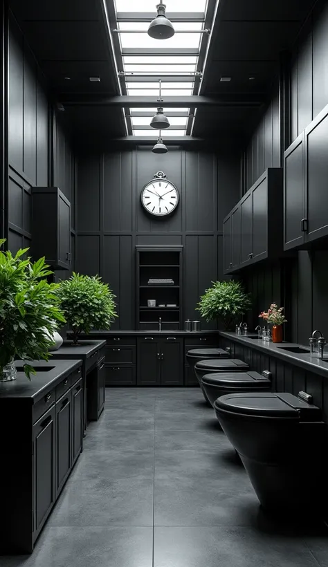  A tall room with only 1 floor , with industrial decoration,  black paint , 3 plants and commodes, watch,  cabinets, tables, seats decorating , There is no sink.