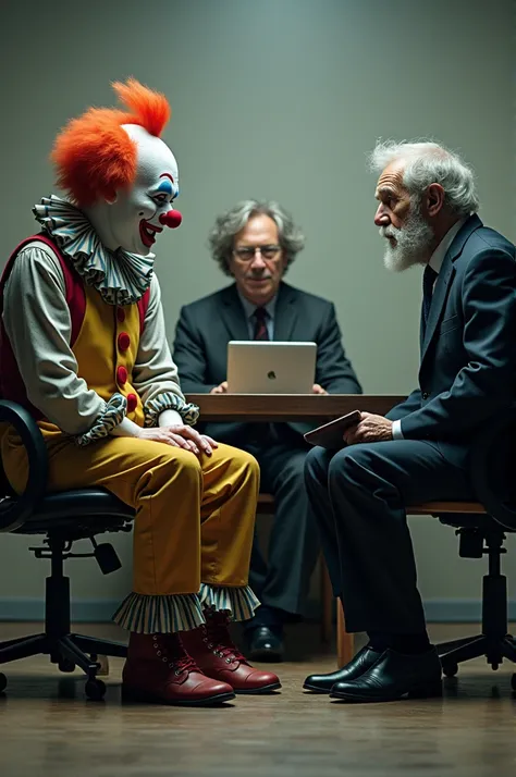 A clown, an IT agent, and a psychoanalyst talking while seated. 
