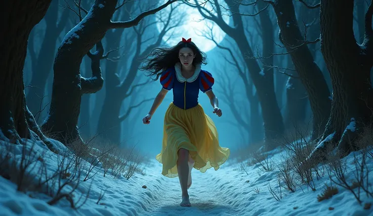 Snow White  showing her face running in the forest in midnight. 