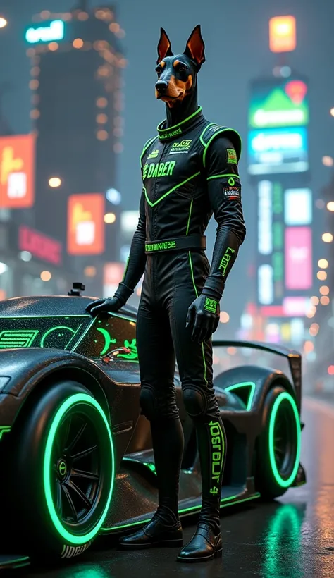 A hyperrealistic image of a Doberman with a human body, dressed as a futuristic race car driver. He’s wearing a sleek, high-tech racing suit in black and neon green, emblazoned with the "$DOBER" logo across the chest. The Doberman stands next to a cutting-...