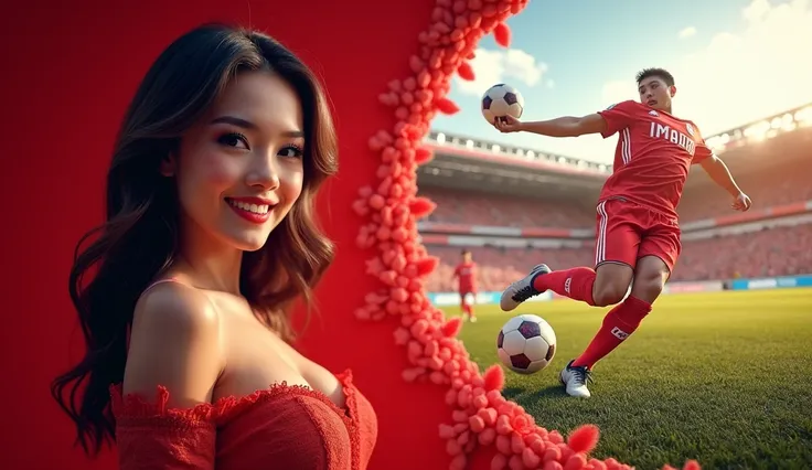 Create Sportsbook flyer that says "COBLOS4D TARUHAN BOLA TERPERCAYA", Center, BIG FONTS, BIG TEXT on center, white skin, big breast, girls smiling to you, indonesia national red team, soccer player prepare for free kick on the right and the ball shoot on t...