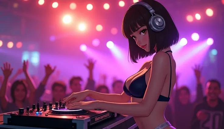 A anime  asian girl with short brown blunt bob hair and brown eyes , dressed in a sexy bikini, stands confidently at a DJ booth in a vibrant club setting. She wears stylish headphones, exuding a blend of beauty and skill as she mixes EDM tracks for the ent...