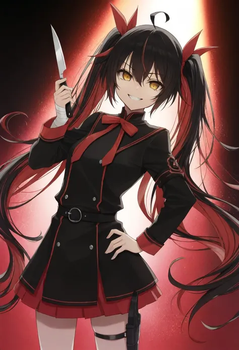 One girl, masterpiece,  top quality,  beauty, Grinning face, Guess face, red and black bicolor hair ,  Longer Twin Tails, Golden Eyes,  black cloaks,  ribbon hair elastic, Put a knife in the holster garter, bandage, Red rays