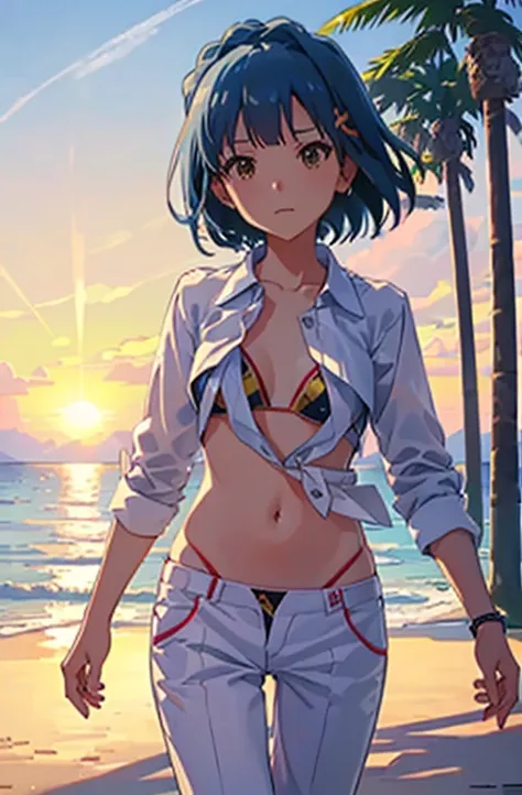 Yuriko O ( million people live),  1 girl, Alone, cute girl,  top quality,  Ultra Details, 8k,  high definition , ((( Cinematic Angle ))),  detailed face , shiny skin,  bob hair, (((bikini,  white shirt, Open front shirt))), (((Outdoor, Walking on the beach...