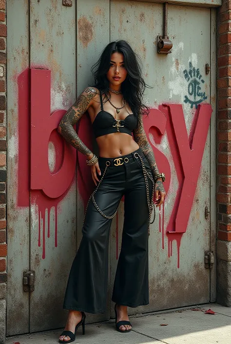 street art of the word ‘Botsy’ painted on a city wall and a sexy Cubana with tattoos wearing Chanel attire