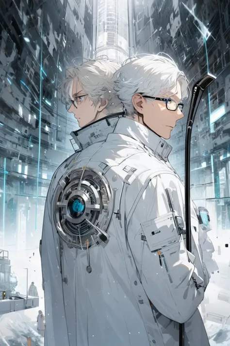 man, tall, with a cane, short white hair, glasses, scientist, future, in a white coat