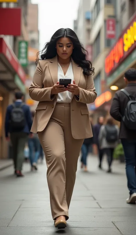 A chubby, black-haired woman is walking down a busy street, holding an Apple iPhone 15 and typing. She is wearing a beige blazer with tailored pants. The background shows shops and cafes, with a vibrant, urban tone.