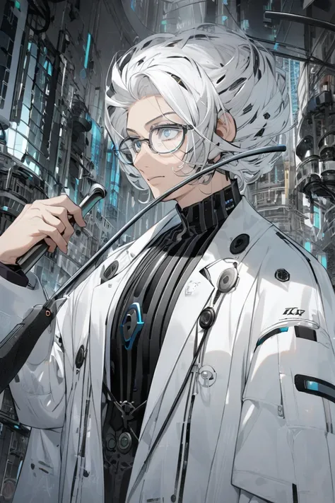 man, tall, with a cane, short white hair, glasses, scientist, future, in a white coat