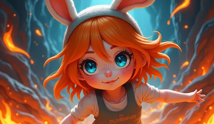 cute human girl (beautiful), white skin, bright orange hair, blue eyes, scratches on face, dynamic pose, attacked by lava slime, fantasy lava cave background, mysterious atmosphere, cool color tone, wearing rabbit headband,