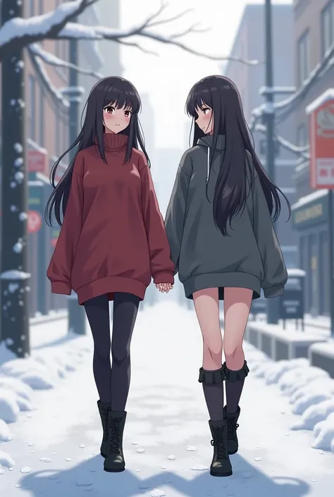 Perspective, perfect anatomy, dinamic angle, dinamic pose, outdoors, snow in the street, (portrait, leg focus, full body), (2 girls next to each other, holding hands, lokking to each other), large breasts, wide hips, sweaters, boots, walking, same height, ...