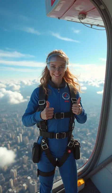 photo realistic, 1girl, skydiver, preparing to jump from the back door of the plane, she is smiling, giving a thumbs up sign indicating she is ready, sunny weather with blue sky, below view of a big city with tall buildings, ultra realistic, very detailed,...