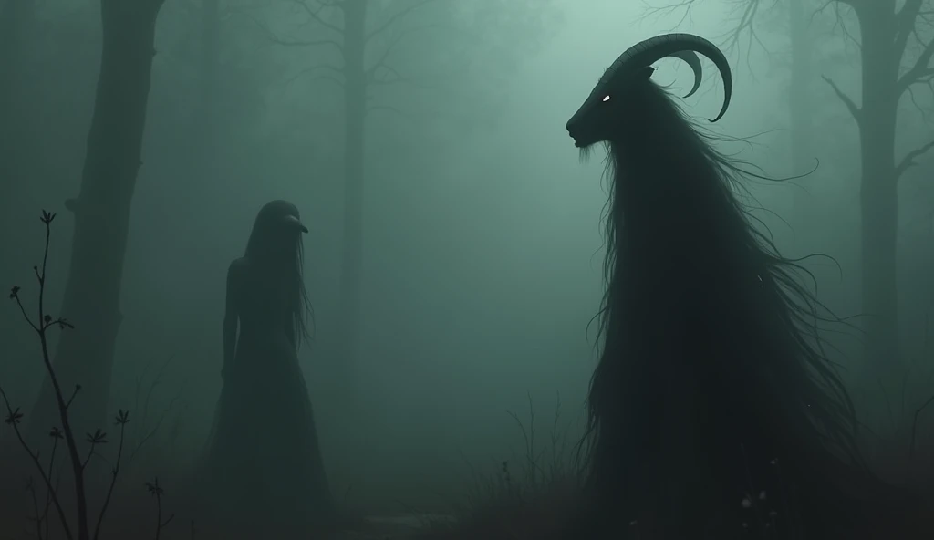 heavy fog ,  dark environment, Shadow of a woman with a goats head with very long hair behind a woman,  impressionist painting style 