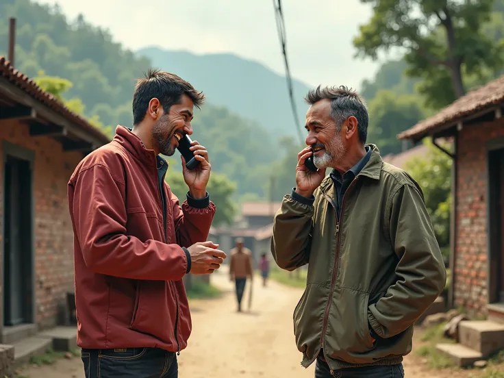 my father (30 years) and my friends father (30 years) are calling telephone each other in the village of Nepal
