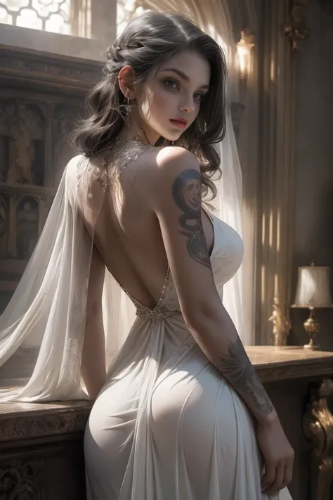 Create a hyper detailed photograph of a tattooed young sexy , Stunningly perfect gorgeous feminine face, perfect makeup, detailed vibrant eyes, platinum  dutch hair, long detailed beautiful legs, detailed beautiful  arms, big thighs, detailed silky smooth ...