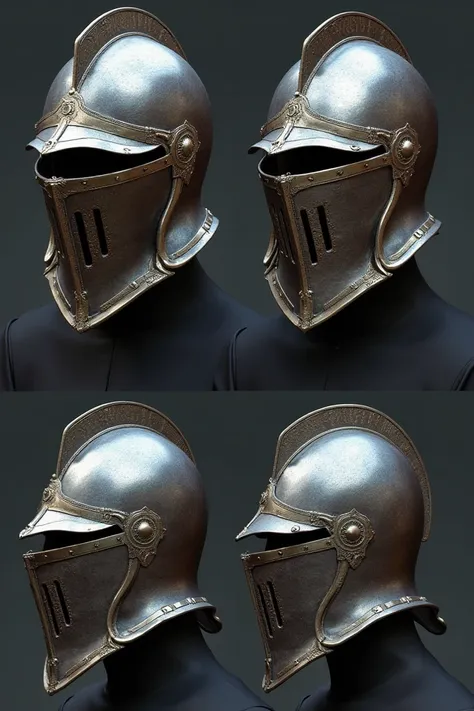 A medieval knights helmet from various angles