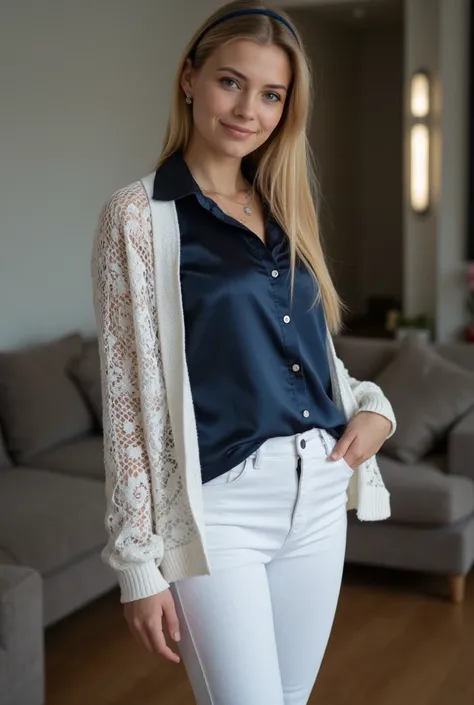 ultra Realistic upper body of a beautiful young blonde  German woman with ponytail, headband, Necklace, smile. Beautiful legs and high heels , She stands in the livingroom, She wears a dark blue satin shirt with buttons and a tight, white jeans and wears a...