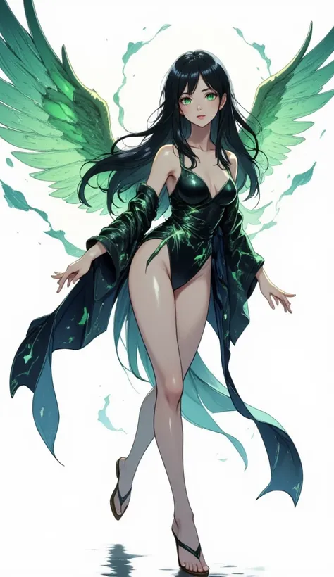 A young Japanese woman.
 black hair, far away, up to the knee, fluttering. 
green eyes, crystalline, expressive, dazzling ,  Cintilante, bioluminescent. 
slender body. 
Angelic makeup .
 Medium and pointed breasts .
 She is dressed in a stylish and sexy ki...