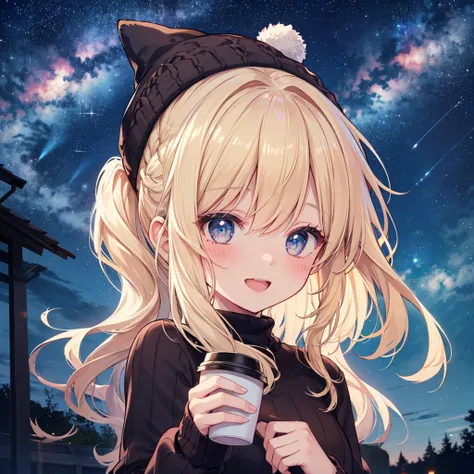 ( Best Quality 、8k、masterpiece))、(( 1 girl ))、((cute))、 big smile、 blushes her cheeks 、 opening mouth、 blonde hair 、 ponytail、 super detailed face、Ultra-detailed eyes、Ultra detailed hair、 knitted sweater with coffee in hand、Knitted hat、Campsite、 beautiful ...