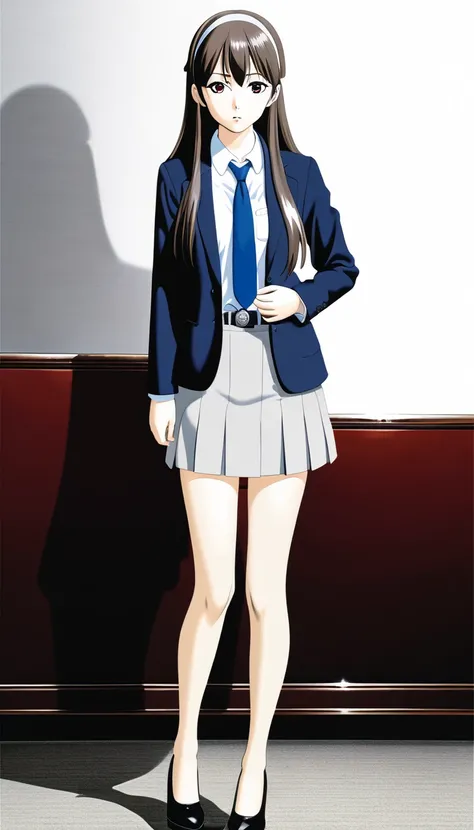 Mizuho Yuki、Brown Hair、 long hair、bangs、White hair band、sad face 、Red Eyes、 full body style that reflects your whole body、Normal milk、 narrow waist 、Bare legs、 in a suit、 Grey Jacket , collared shirt 、 white shirt、 blue tie,belt,Grey Tight Skirt, black tig...