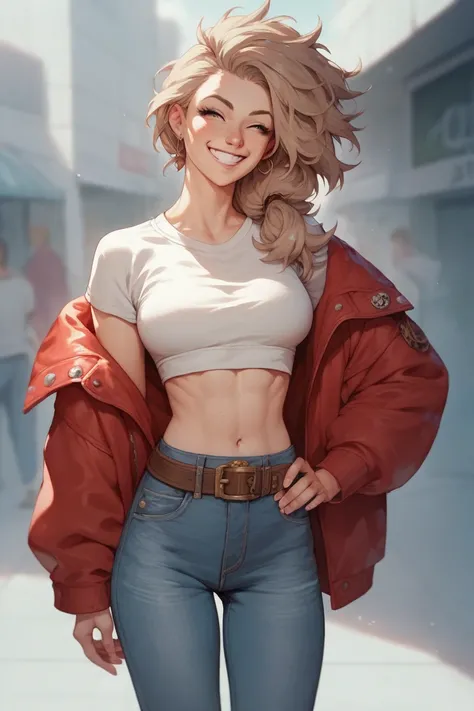 girl with pale skin and long light brown hair done in a messy ponytail wearing a red jacket over a white T-shirt crop top and navy jeans with a brown belt, extremely skinny, smiling