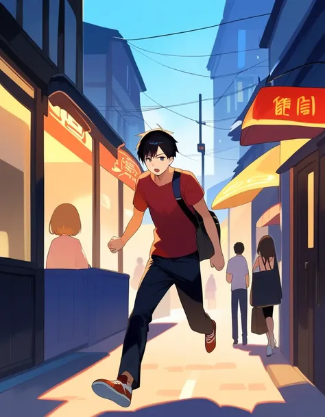 A boy running down the street at night 