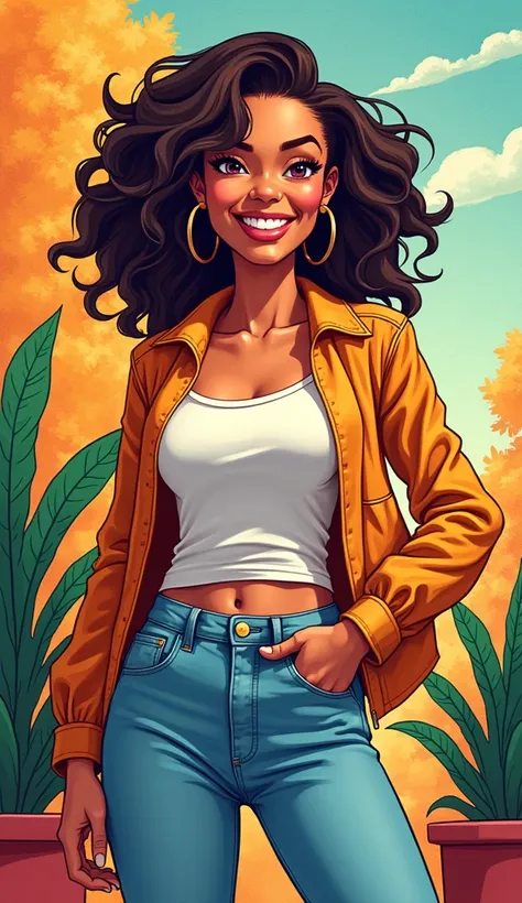 DISCREET image. with discreet casual clothes. image adult woman, american, comic book style. happy IMAGES WITH VIBRANT COLORS.