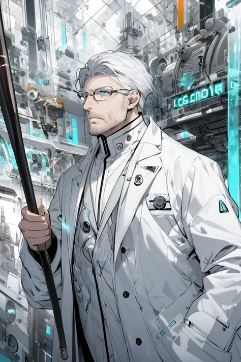 man, adult, tall, with a cane, short white hair, glasses, scientist, future, in a white coat