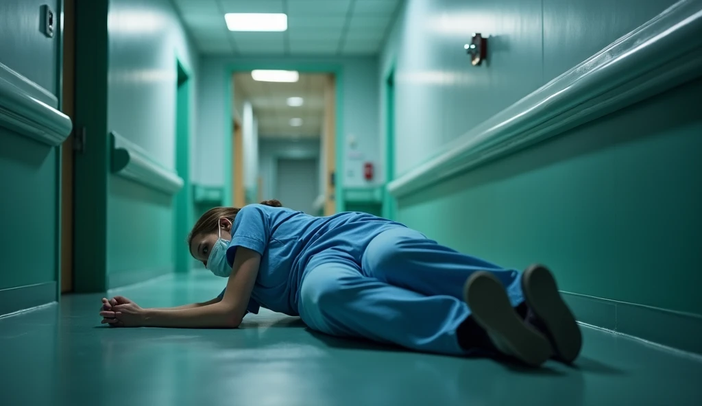 Ultra-realistic a nurse falls on the hospital floor looking scared 