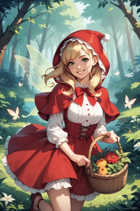 Little Red Riding Hood Girl from the Fairy Tale.  She walks through green ,  fairy forest , across the lawn .  She has a basket ,  on her head a red hat .  dressed in a white blouse and a red sundress. cheerful, smile on face.