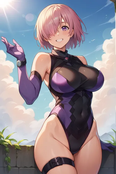  score_9,  score_8_up,  score_7_up,  source_ anime BREAK 1GIRL , Alone,  watch viewers,  detailed background,   Mash Kyrierite , ピンクhair,  hair,  Big Breasts ,  leotard , belly button,  thigh strap to hide one ear, elbow gloves,   clevis, smile, (Outdoor, ...